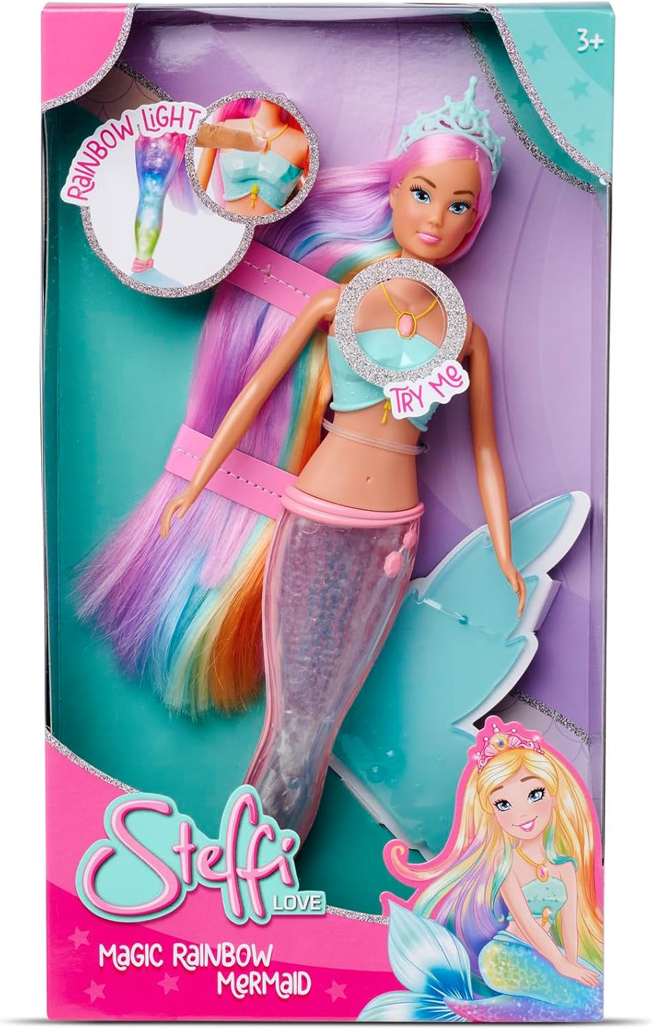 Steffi Love Magic Rainbow Mermaid, poupée sirène avec fonction de lumière arc-en-ciel magique et cheveux extra longs, 39 cm, à partir de 3 ans