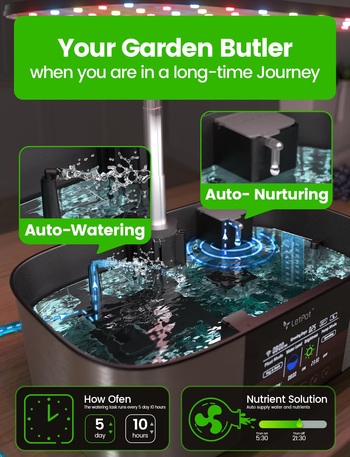 Kit de système de culture hydroponique LPH-Max, 21 capsules, application et WiFi, contrôle automatique, jardin intérieur intelligent avec lumière LED 36 W, kit d'arrosage automatique goutte à goutte, entretien autogéré