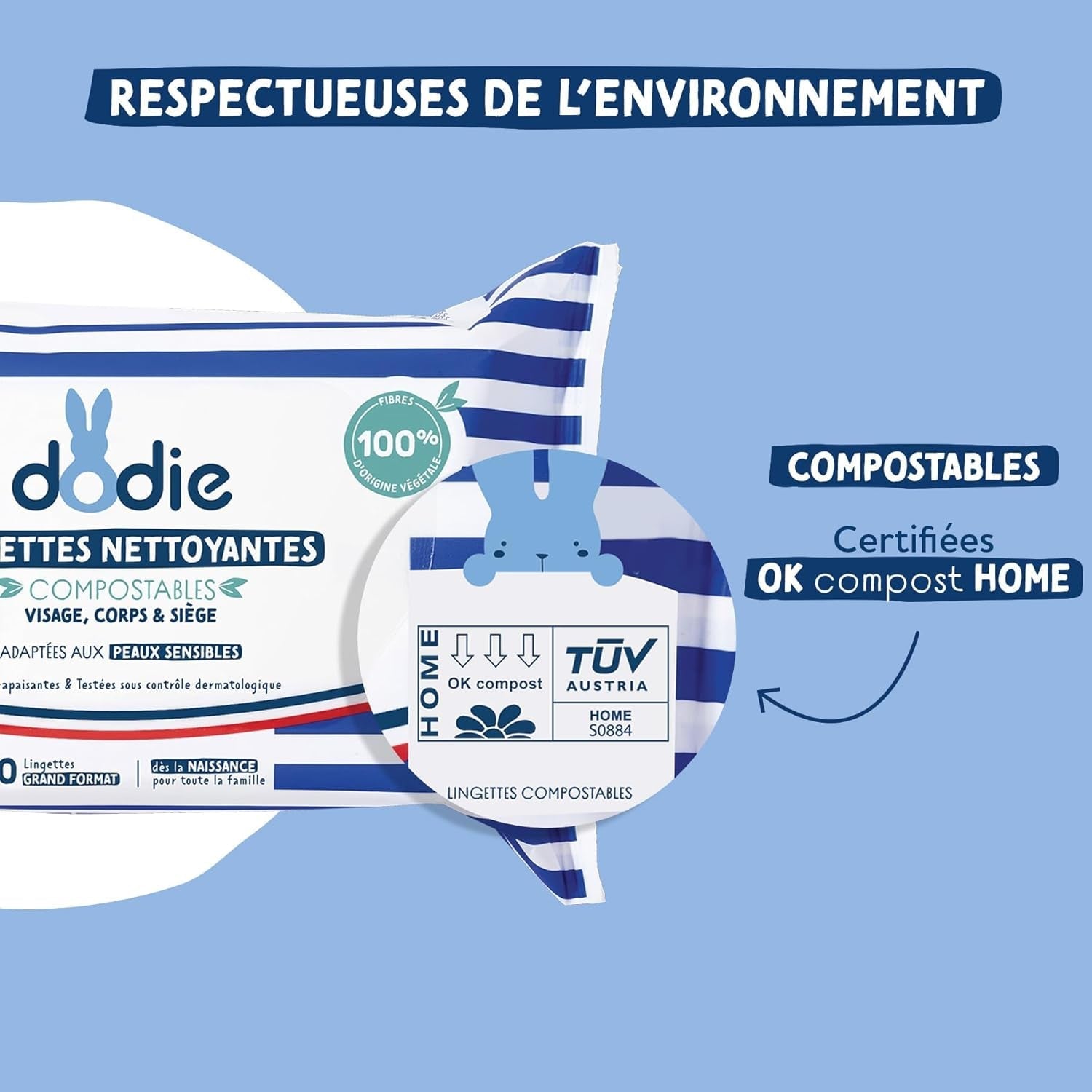 Paquet de 8 paquets de lingettes nettoyantes compostables à l'eau, 50 pièces