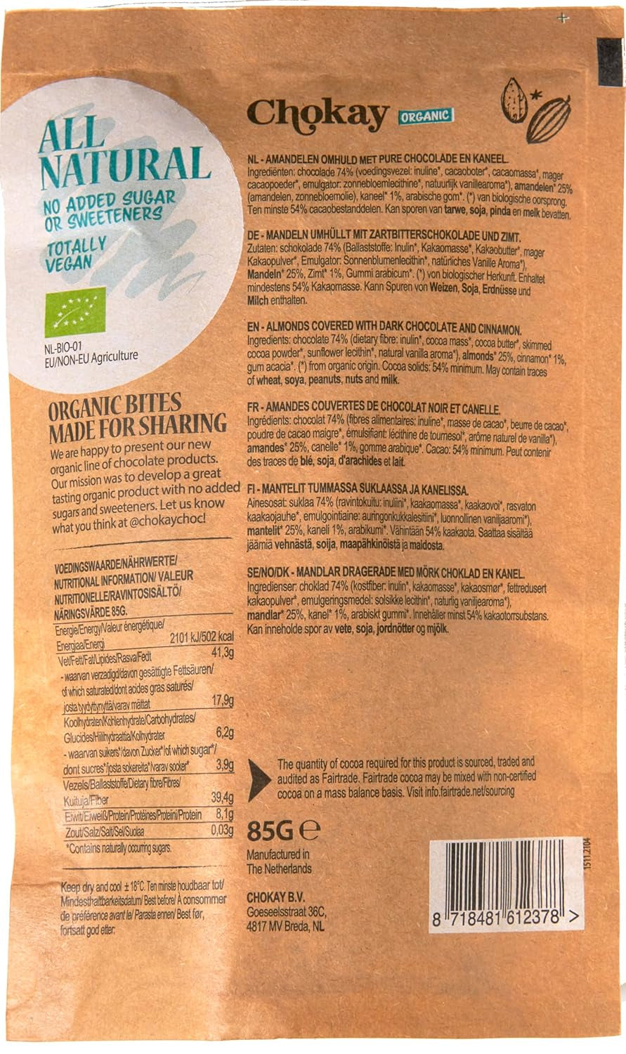 Bouchées biologiques - Amandes à la cannelle et amandes au chocolat noir belge / Sans sucre ajouté, sans édulcorants / Végétalien et équitable / 1 x 85g