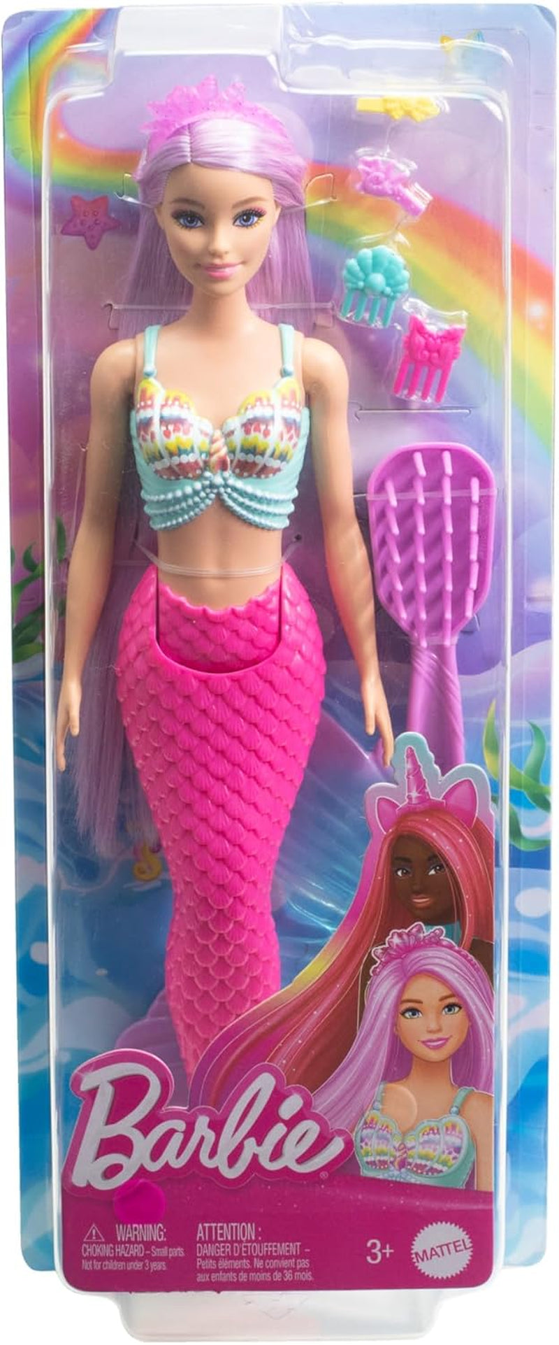 Barbie Meerjungfrauen-Puppe - mit Langen rosa Haaren und Accessoires für individuelles Styling, inklusive Bürste, wunderschönes Muscheloberteil und Pinker Schwanzflosse, für Kinder ab 3 Jahren, HRR00