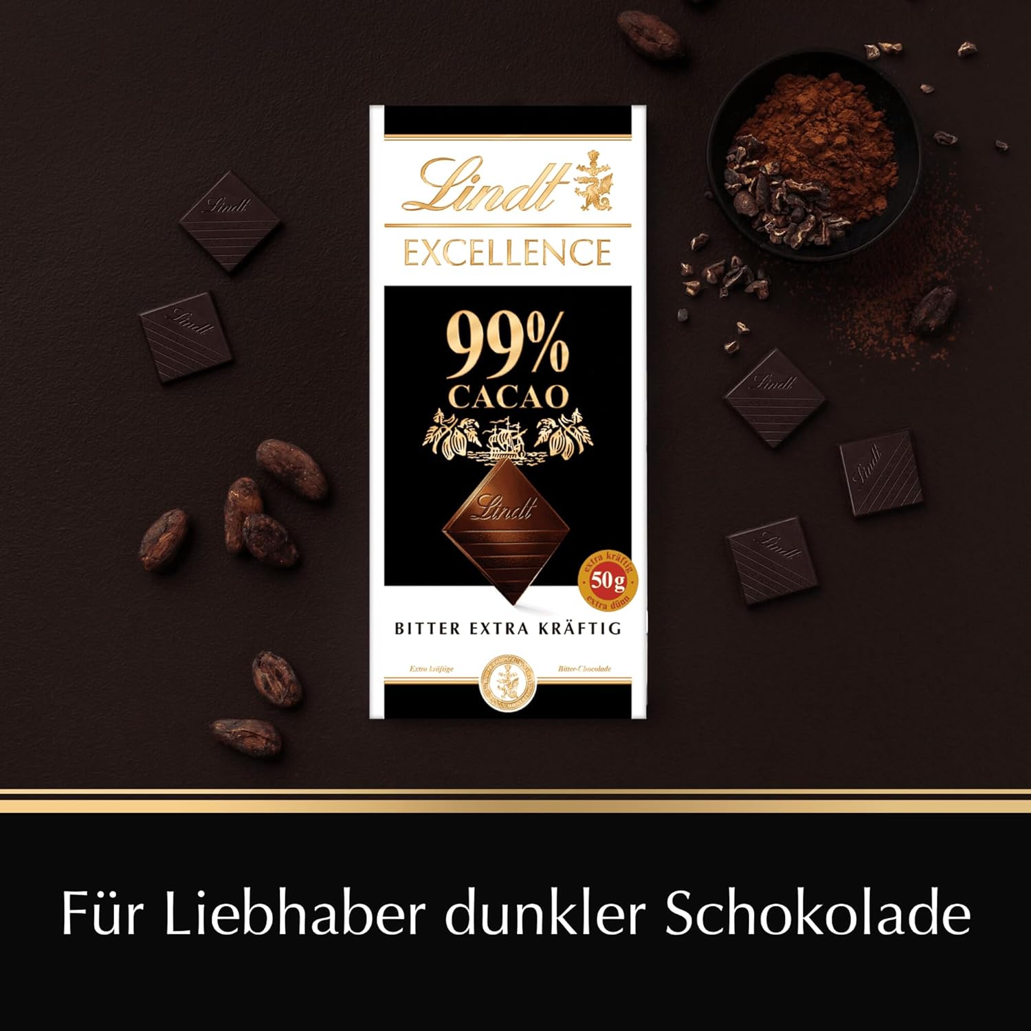 Barre de chocolat noir Lindt EXCELLENCE 99 % - Saveur intense de cacao 50 g Vegan Premium