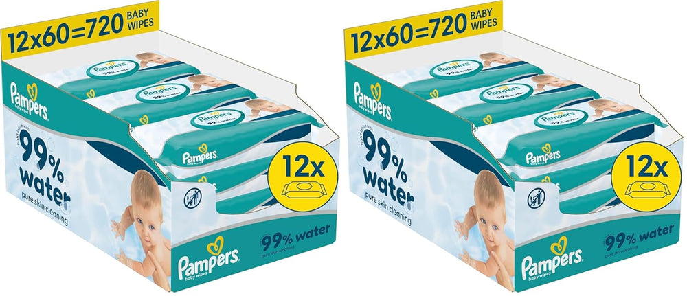 Lingettes pour bébé Pampers 99 % d'eau, 12 paquets de 60 lingettes chacun = 720 lingettes pour bébé, lotion légère 99 % d'eau