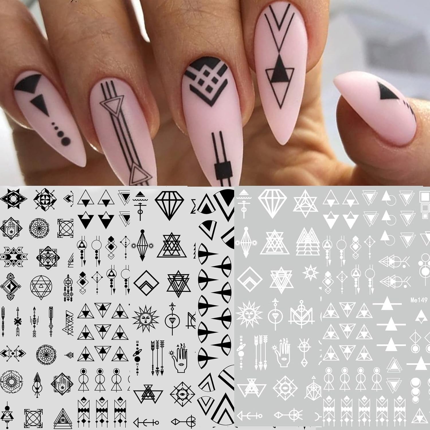 12 Blatt Nagelsticker Geometrisch Nagelaufkleber Selbstklebend Schwarz-Weißes Mysteriöses Dreieck Nail Art Sticker Dekoration Nageldesign Zubehör
