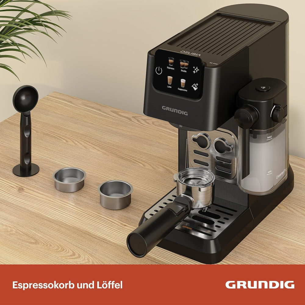 Espressor portafilter GRUNDIG KSM 5330 cu recipient de lapte integrat, putere 1628 W, presiune pompă 15 bar, duză dublă, afișaj tactil color, BrewSense, CreamyPro, Inox închis/Negru