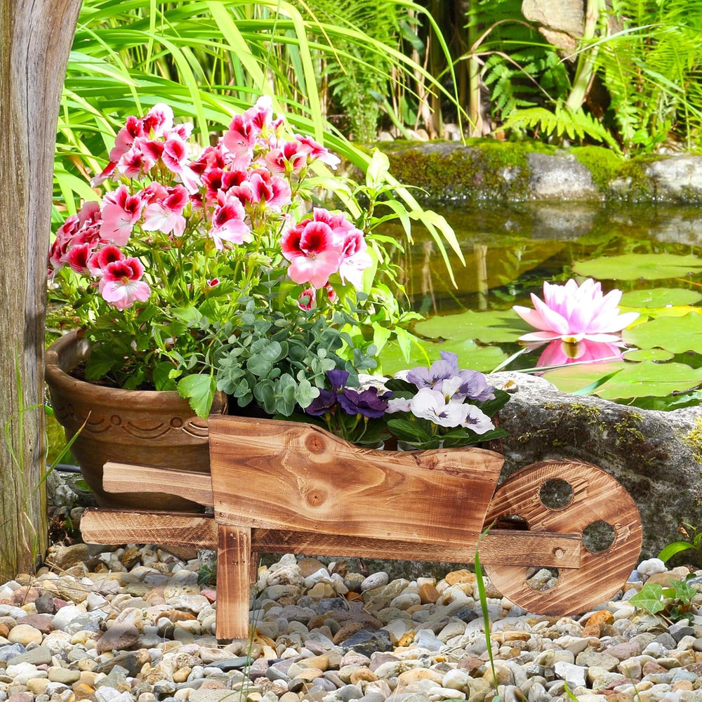 Brouette jardinière Relaxdays, bois brûlé, décoration de jardin, design vintage, à planter, HxLxP : 19 x 47 x 15 cm, naturel
