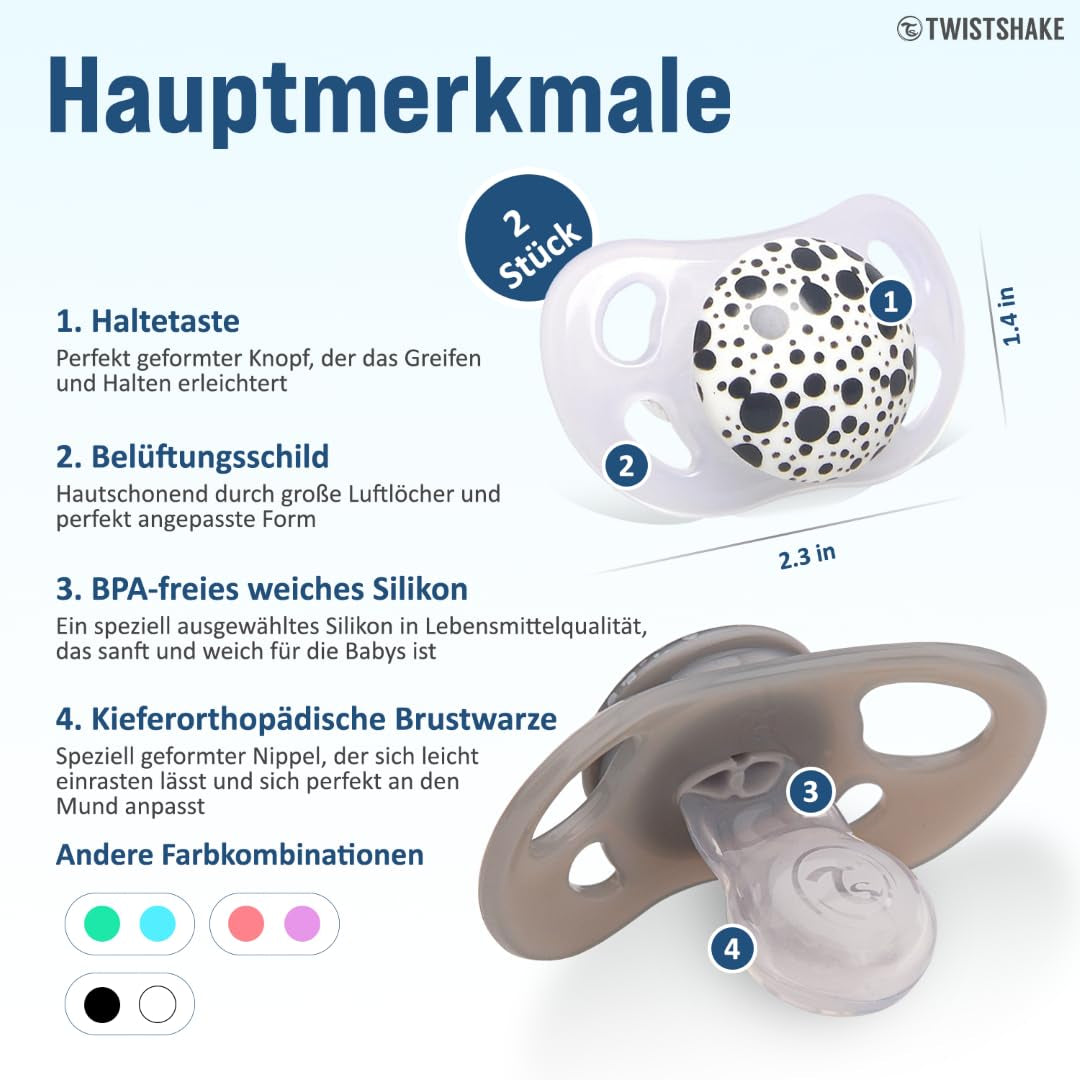 Sucettes pour bébé Twistshake – Paquet de 2 | Forme orthodontique | Ultra-léger | Tétine en silicone souple | Sans BPA | Convient aux bébés à partir de 6 mois | Gris-blanc