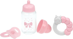 JC Toys- Lot de 3 accessoires pour poupées (biberon, tétine et hochet), rose et blanc, convient à toutes les poupées jusqu'à 50 cm, +2 ans
