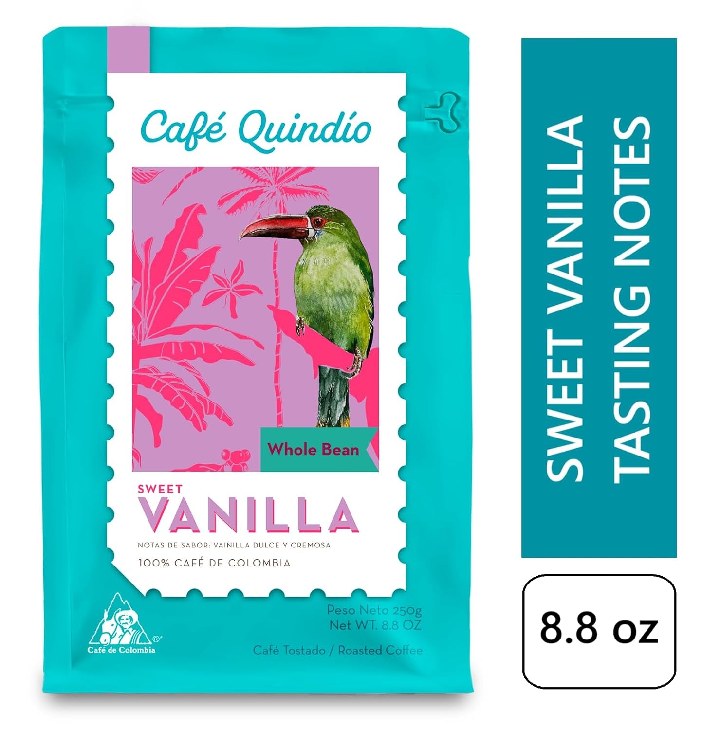 Café de spécialité Café Quindio - Grains de café 100% Arabica, Colombie - aux notes naturelles de vanille douce (250g) - idéal pour le café filtre, les machines porte-filtres ou la presse française