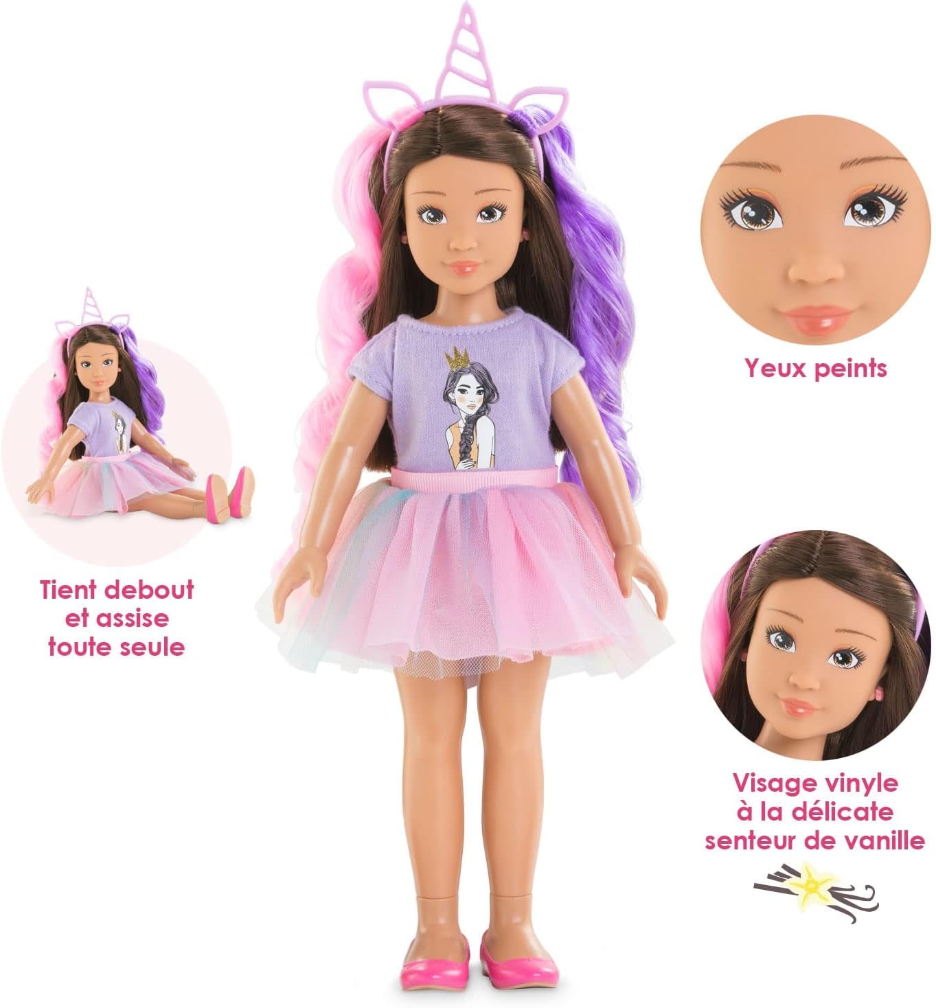 Corolle 9000600030 - Girls Luna Einhorn Set, Ankleidepuppe im Sommeroutfit mit Hund, mit Haarband, Ohrringe et extra Gummistiefel, 28cm Spielpuppe mit Vanilleduft, à partir de 4 ans