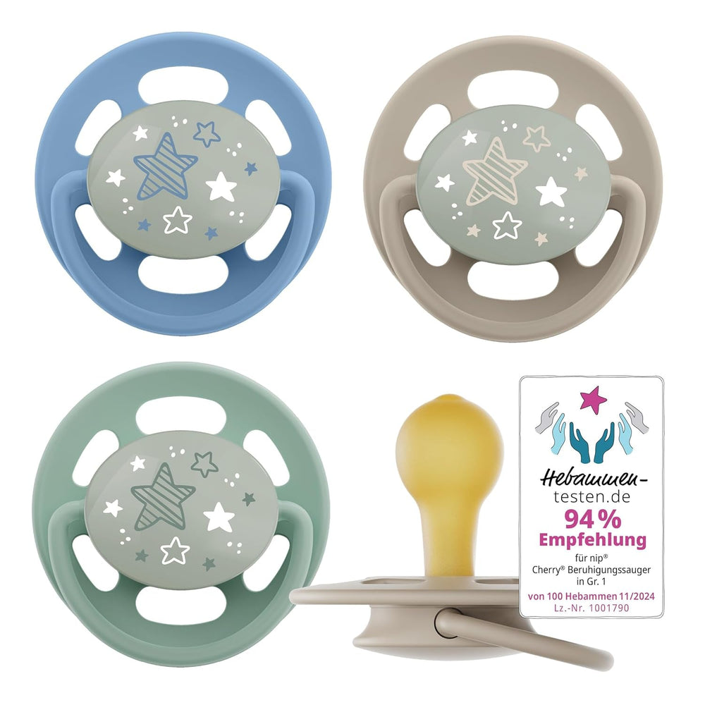 pincement - Vert Cerise | 0-6 mois | Paquet de 4 | Sucette pour bébé, adaptée à l'allaitement et à la dentition. Sucette durable, fabriquée à partir de matières premières naturelles, vert clair/marron