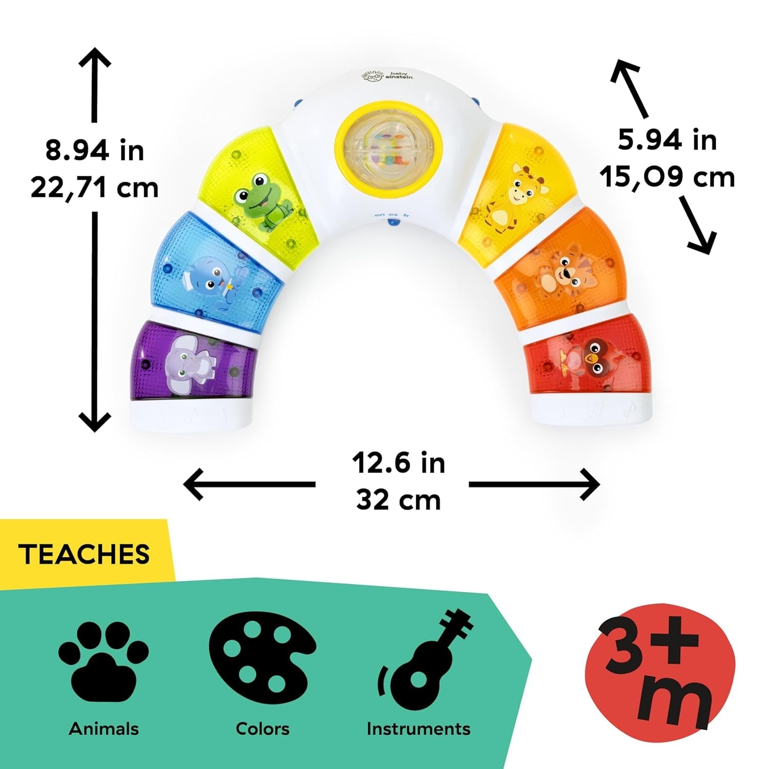 Baby Einstein, Glow & Discover Light Bar, jucărie pentru bebeluși cu lumini, melodii și zornăitor, 3 moduri: animale, culori, xilofon - 3 limbi, cub muzical pentru bebeluși și copii de 3 luni și peste Jucarii Bebe Naty Shop