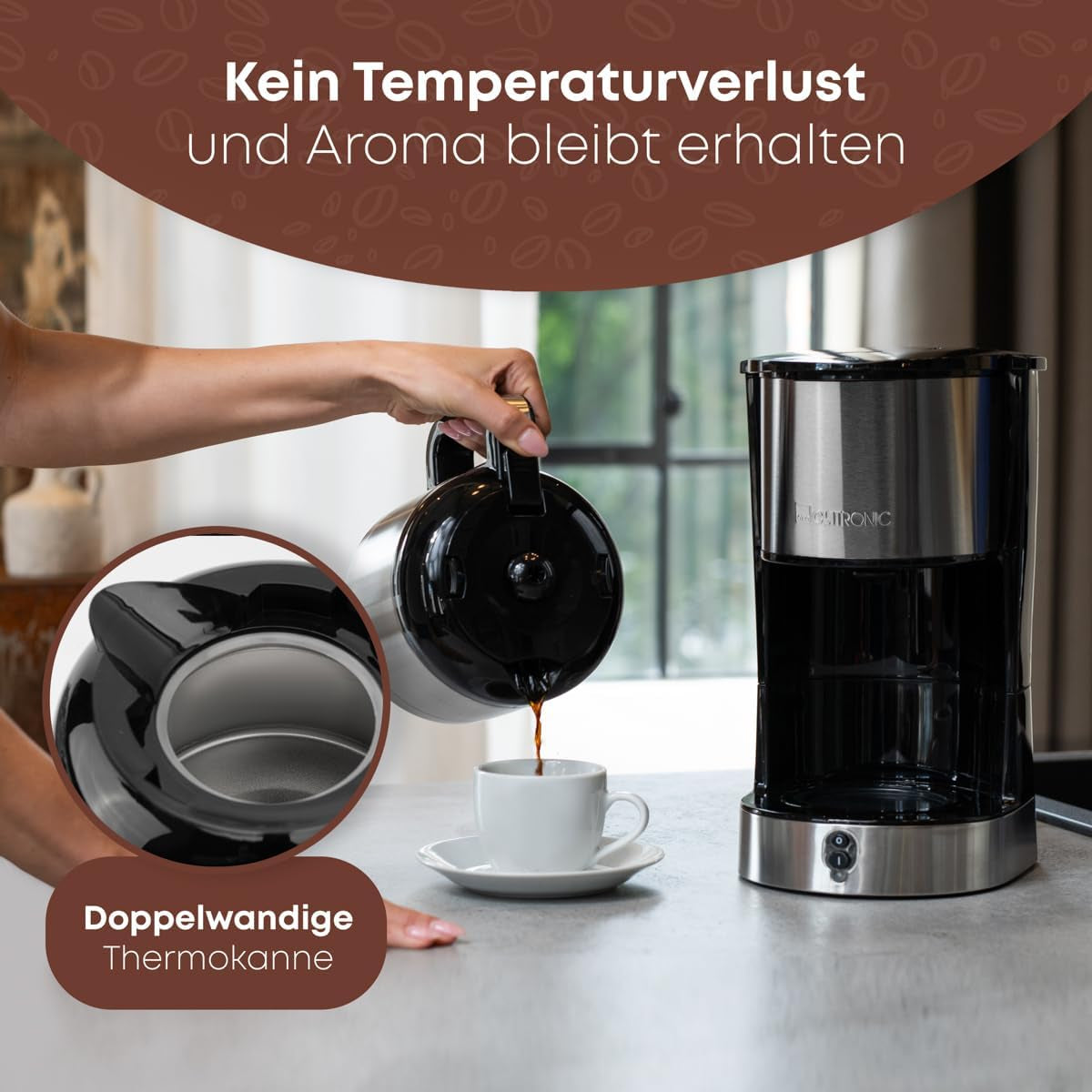 Cafetière Clatronic® avec carafe thermos pour 8 à 10 tasses de café (env. 1,2 l) | Cafetière filtre en inox | Carafe Thermos à Double Paroi | Aucune perte de température | Cafetière 800 W | KA 3805