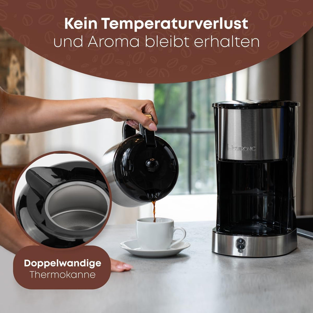Cafetière Clatronic® avec carafe thermos pour 8 à 10 tasses de café (env. 1,2 l) | Cafetière filtre en inox | Carafe Thermos à Double Paroi | Aucune perte de température | Cafetière 800 W | KA 3805
