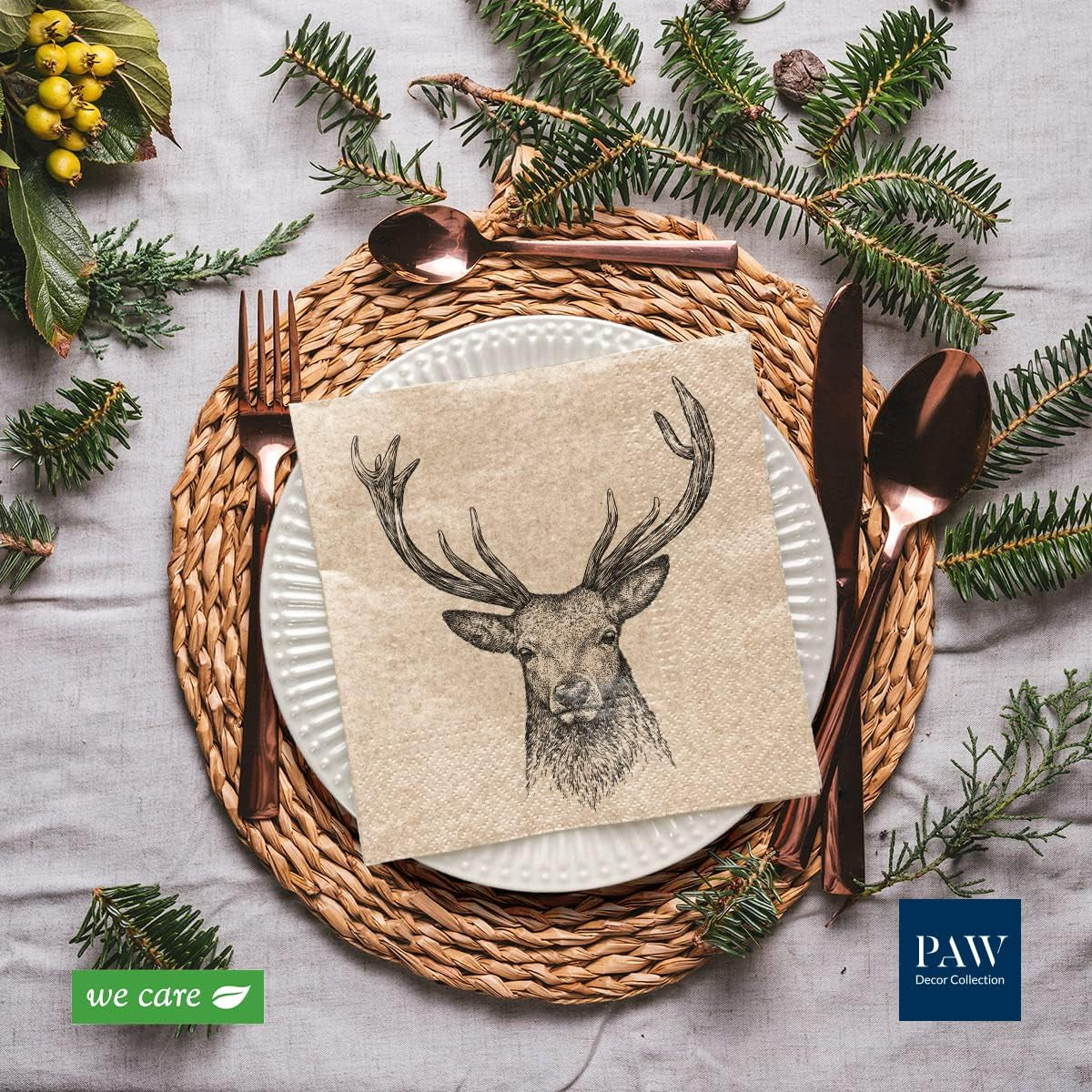 PAW Decor Collection X PAW Decor Collection Cm Șervețele de hârtie cu 3 straturi. 20 de bucăți. Imprimate cu culori pe bază de apă. Decorațiuni de masă. Natură, Hirsc, Paw_022022, căprioară, 33 X 33 Cm (pachet cu 3)