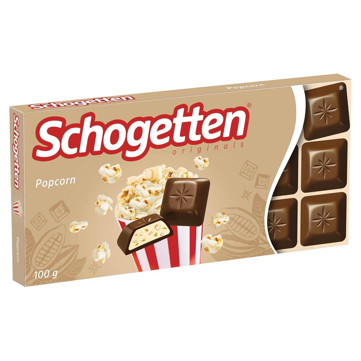 Popcorn Schogetten 1 barre de chocolat x 100g, chocolat au lait avec popcorn et morceaux de maïs, morceaux individuels pratiques. Un délice. Pièce par pièce.