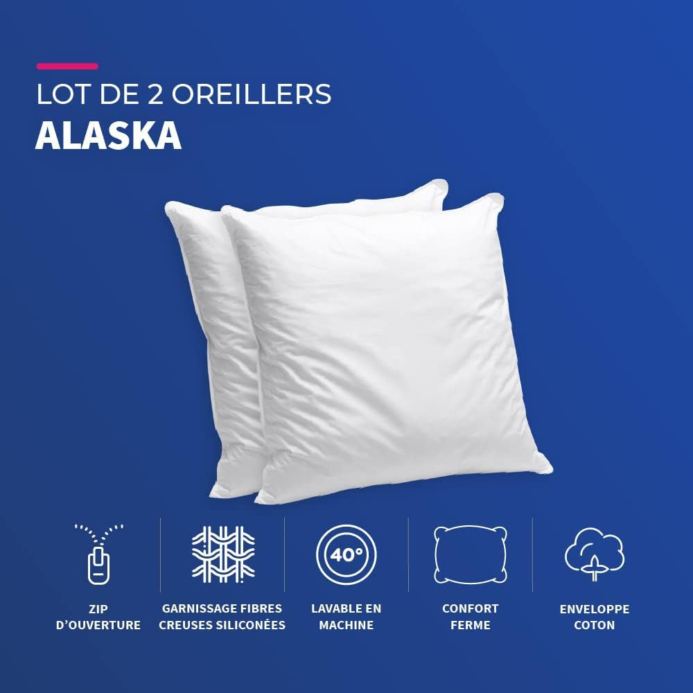 Bleu Câlin Lot de 2 Oreillers Confort Ferme "Alaska", Super Garnissage, Enveloppe Percale 100% Coton, Blanc, 65 X 65 cm Forme Carrée Naty Shop Oreillers Standard