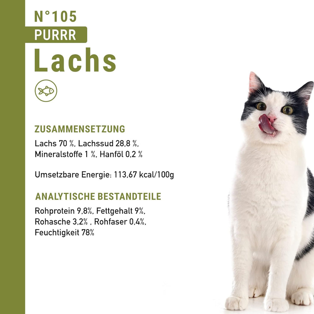 Nourriture humide pour chats Catz Finefood Purrrr avec monoprotéine et saumon no. 105, pour chats à digestion sensible, 16 x 80 g