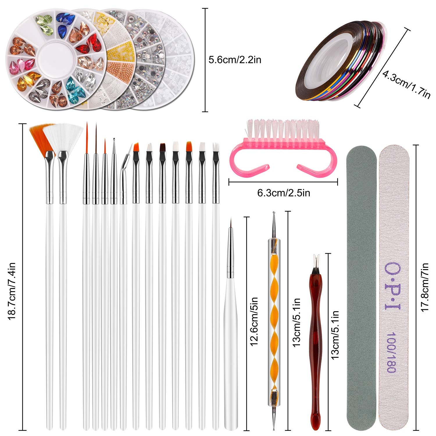 Nail Art Dekorationen & Nagelpinsel Set, Nageldesign Zubehör, Nagelset 5 Stk 2 Wege Punktierung Stift, 15 Malerei Polnisch Pinsel Set, 10 Streifenband, 4 Boxen Bunte Nagel Strass Dekoration
