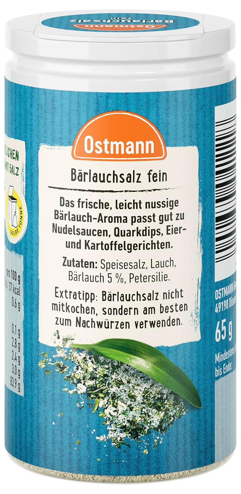 Ostmann Gewürze - Bärlauchsalz | Idéal pour Herzhaften Gemüse oder Fleischgerichten Recyclebare, nachfüllbare Streudose | 65 g dans du Streuer
