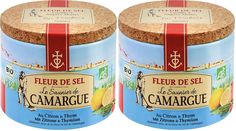 Le Saunier de Camargue Fleur De Sel Citrone Thymian en dose de 125 g, Premium Meersalz aus Süd-Frankreich, Idéal comme Finition von Speisen und zum Verfeinern von Gerichten