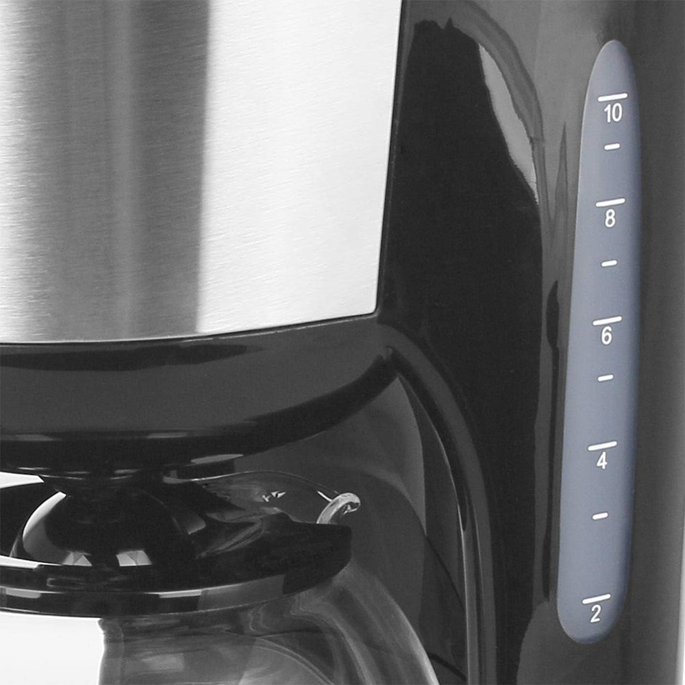 Emerio CME-122933, Cafetière filtre, 1,25 L pour jusqu'à 10 tasses de café frais, filtre amovible permanent, fonction anti-goutte, carafe en verre, arrêt automatique, 1000 watts, noir/argent