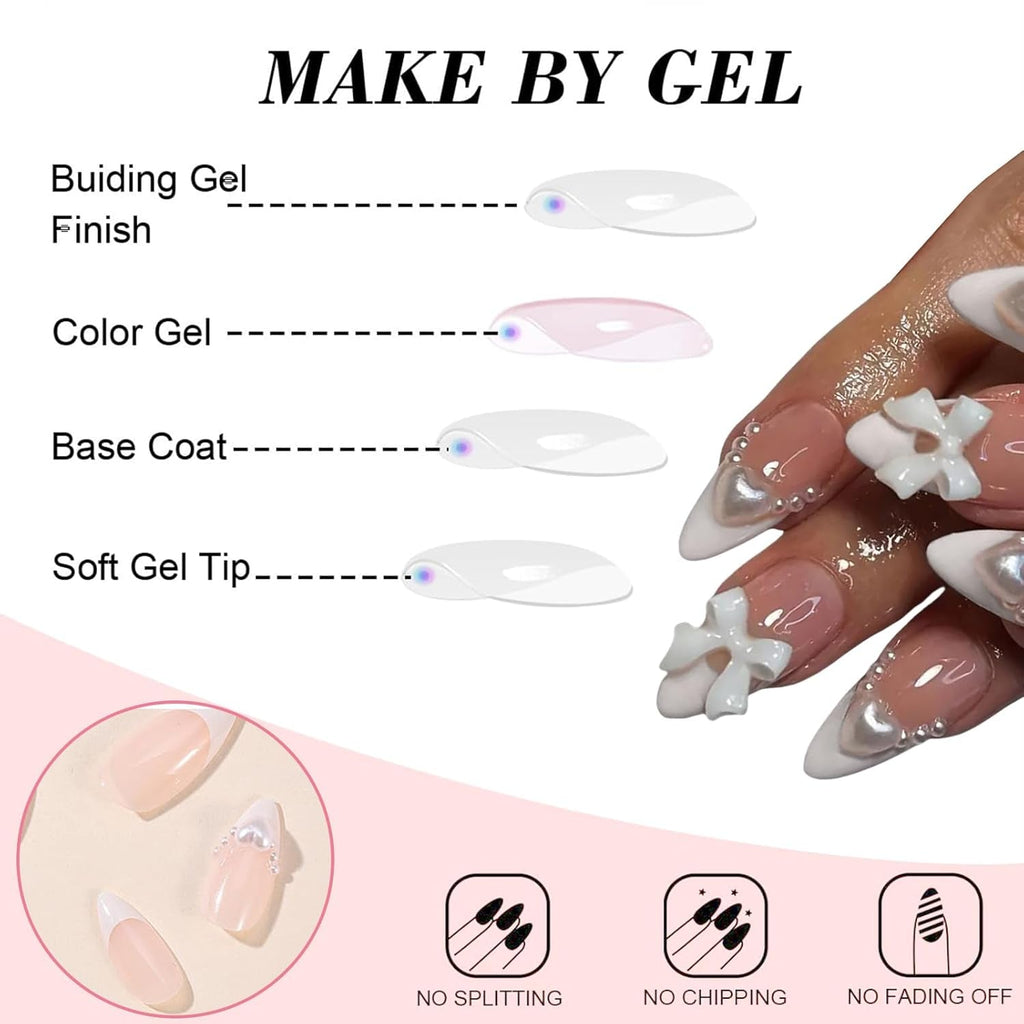 24 de bucăți de unghii franțuzești presă, albe, în formă de migdală, cu funde și perle, unghii artificiale pentru lipit, vârfuri de unghii false, unghii cu sclipici