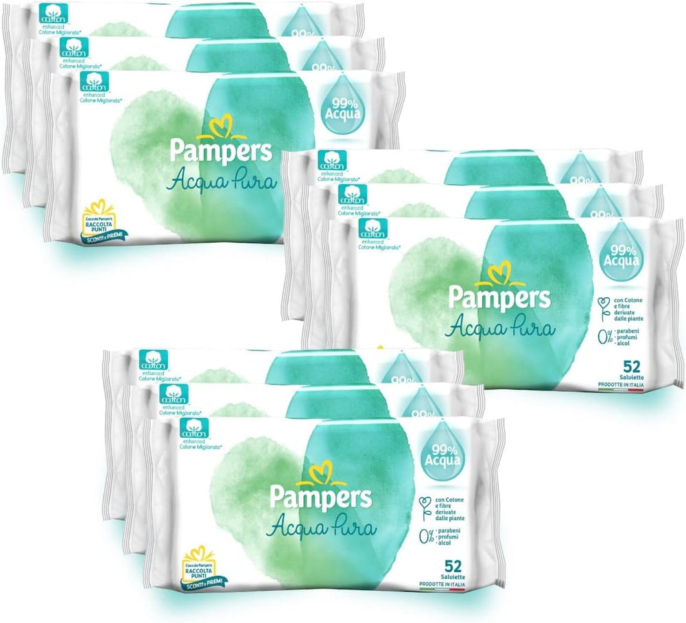 Pampers Acqua Pura Baby Wipes 468 Count (3 Pack) - 99% eau, 100% coton, 0% plastique, alcool et parabènes - Lingettes nettoyantes idéales pour les peaux sensibles, humides, sans ingrédients ajoutés