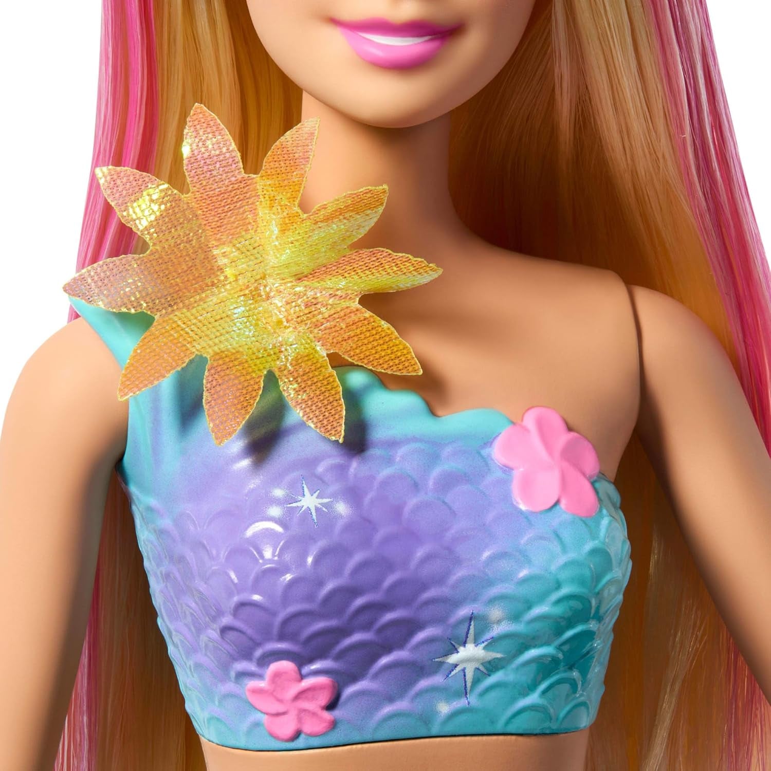 Barbie Meerjungfrauen-Spielzeug Puppe mit magischer Überraschungs Blüte, Schwanzflosse mit Farbverlauf, perlesnbesetzten Hair et long blonden Hair mit rosa Strehchen, JDM72