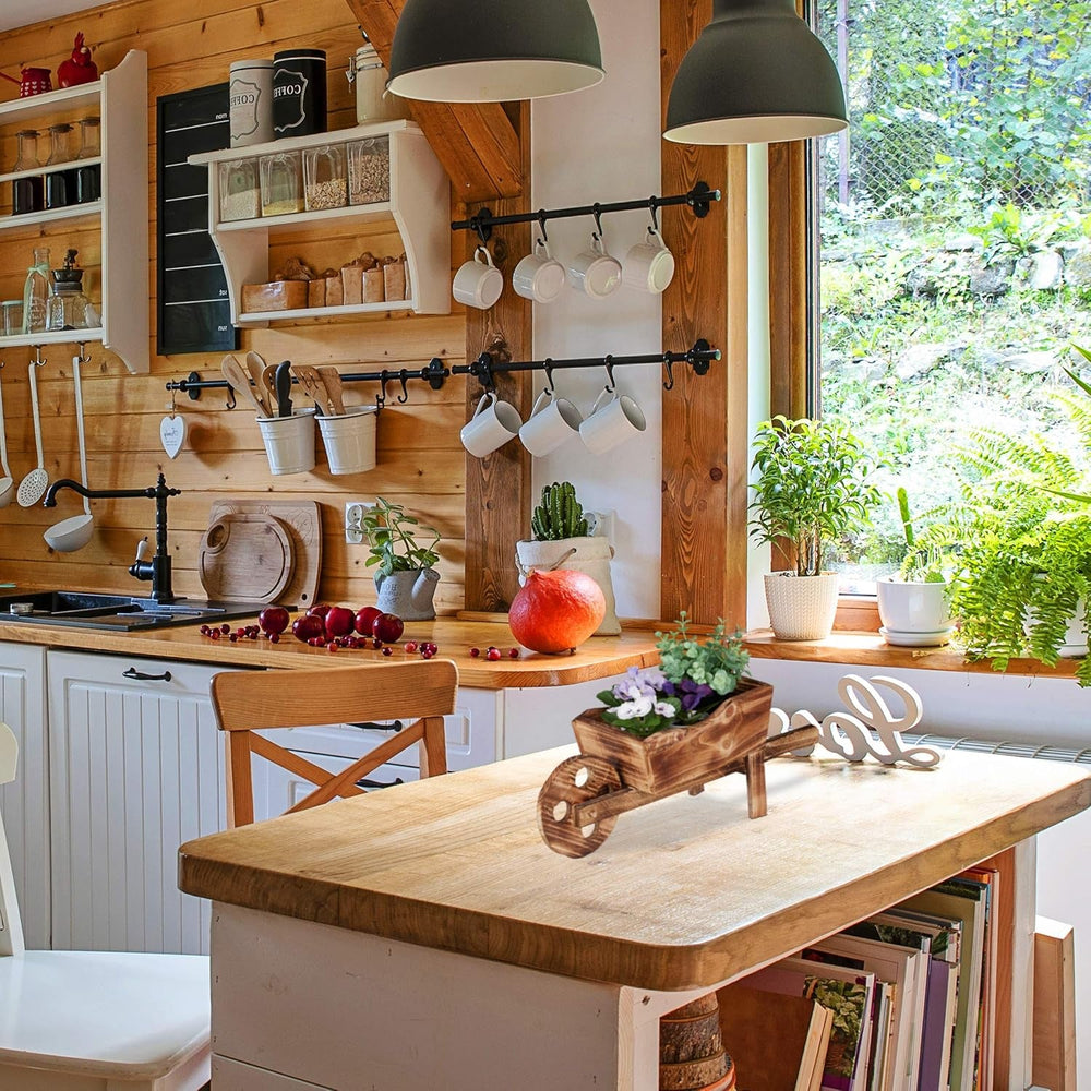 Brouette jardinière Relaxdays, bois brûlé, décoration de jardin, design vintage, à planter, HxLxP : 19 x 47 x 15 cm, naturel