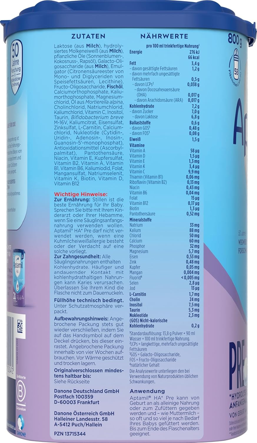 Aptamil HA PRE – Mélange de lait de consommation, avec DHA, sans lactose, sans huile de palme, lait pour bébé, poudre de lait, 1x 800 g