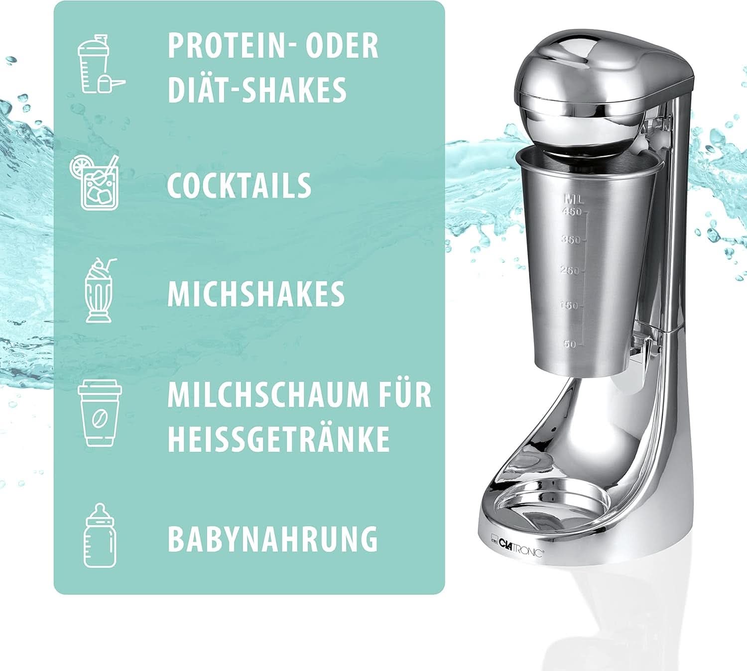 Clatronic® Barmixer U. Milchaufschäumer | Smoothie Maker | 650Ml Edelstahlbehälter | Praktischer Becherhalter | Mixer | 2 Geschwindigkeitsstufen | Kraftvoller 65 Watt Motor | Chromdesgin | BM 3472 Bucatarie Naty Shop