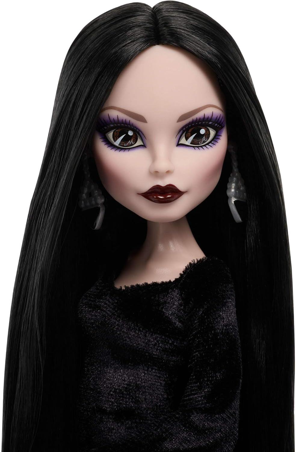 Monster High x Wednesday Puppe, Morticia Addams Sammelfigur im schwarz-purpurrotem Samtkleid mit Schmuck, von der Serie inspirierte Heels und Puppenständer, JLK99