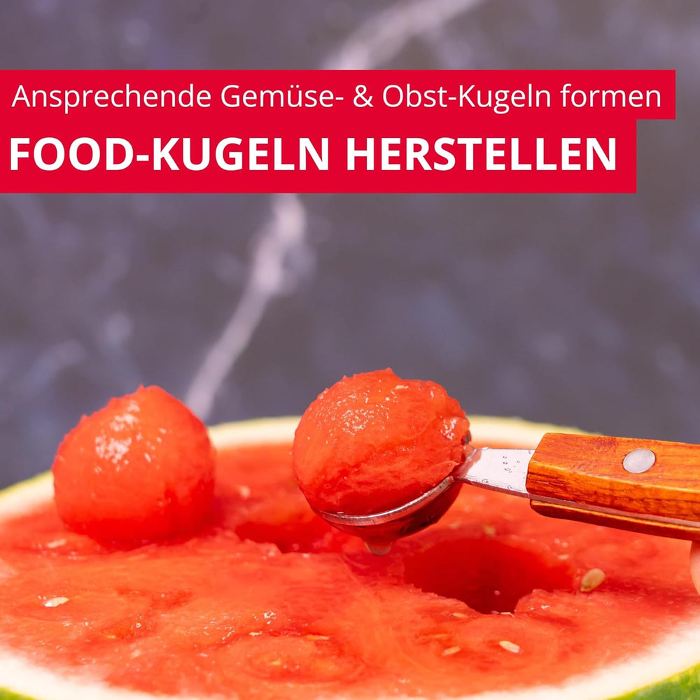 Westmark Woody Baller double face – Petite cuillère pour melon, kiwi, autres fruits et légumes ainsi que crème glacée, fromage à la crème ou beurre – Acier inoxydable, bois