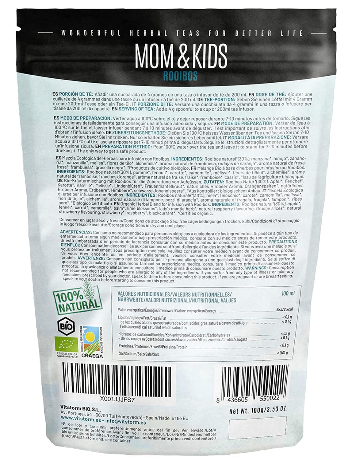 VITSTORM® BIO TEE Mom & Kids - Thé pour femme et allaitement - Rooibos, pomme, fenouil, mélisse, alchémille, fraise - Thé relaxant - Fruité et délicieux - Sans caféine - Tisane 100 g