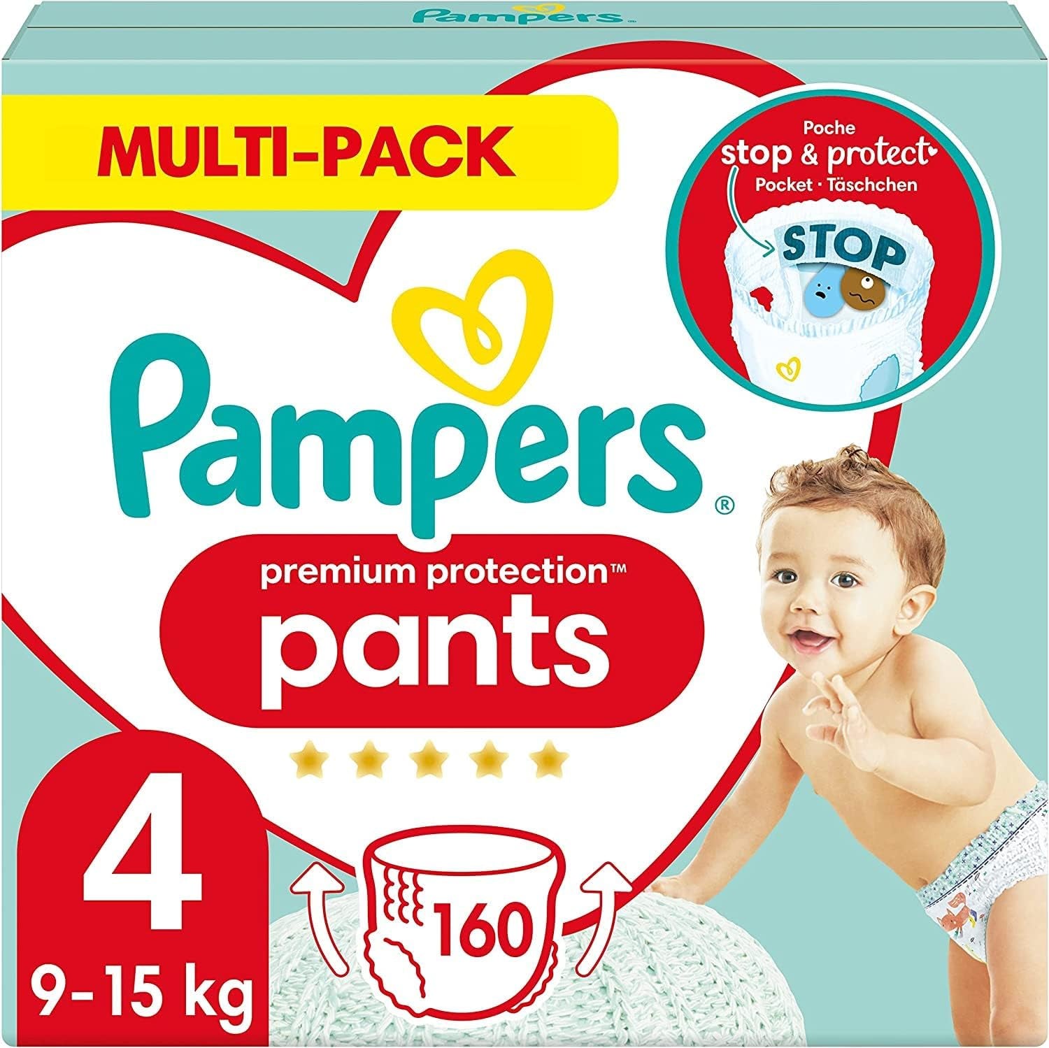 Pantalon de protection Pampers Premium Taille 7, 123 couches, 15 kg+, avec réglage à 360° et poignets anti-fuites souples pour un confort et une protection optimaux