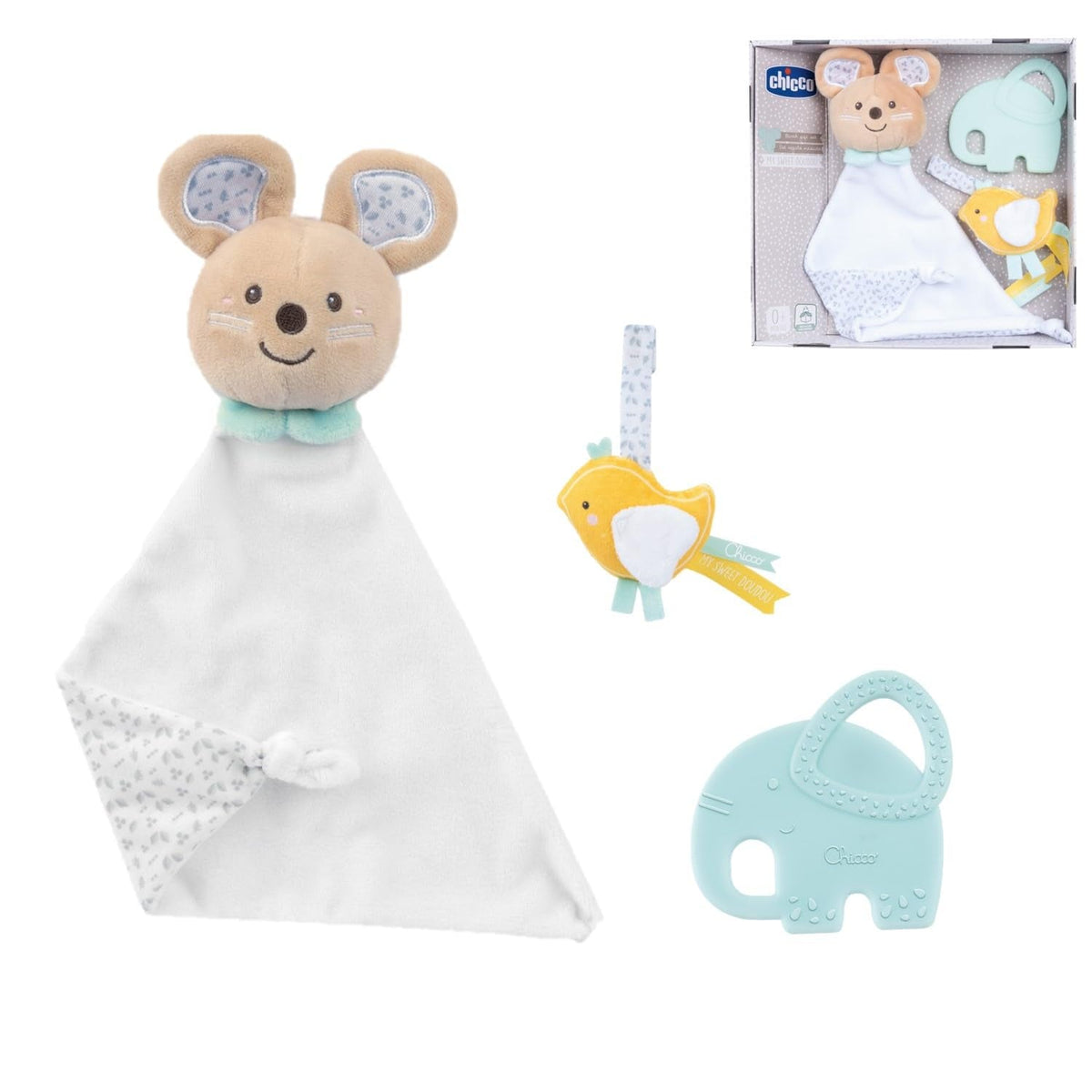 Chicco, Coffret bébé My Sweet Doudou, Couverture DouDou toute douce, Sucette en velours, Anneau de dentition éléphant en relief, Idées cadeaux pour nouveau-nés à partir de 0 mois