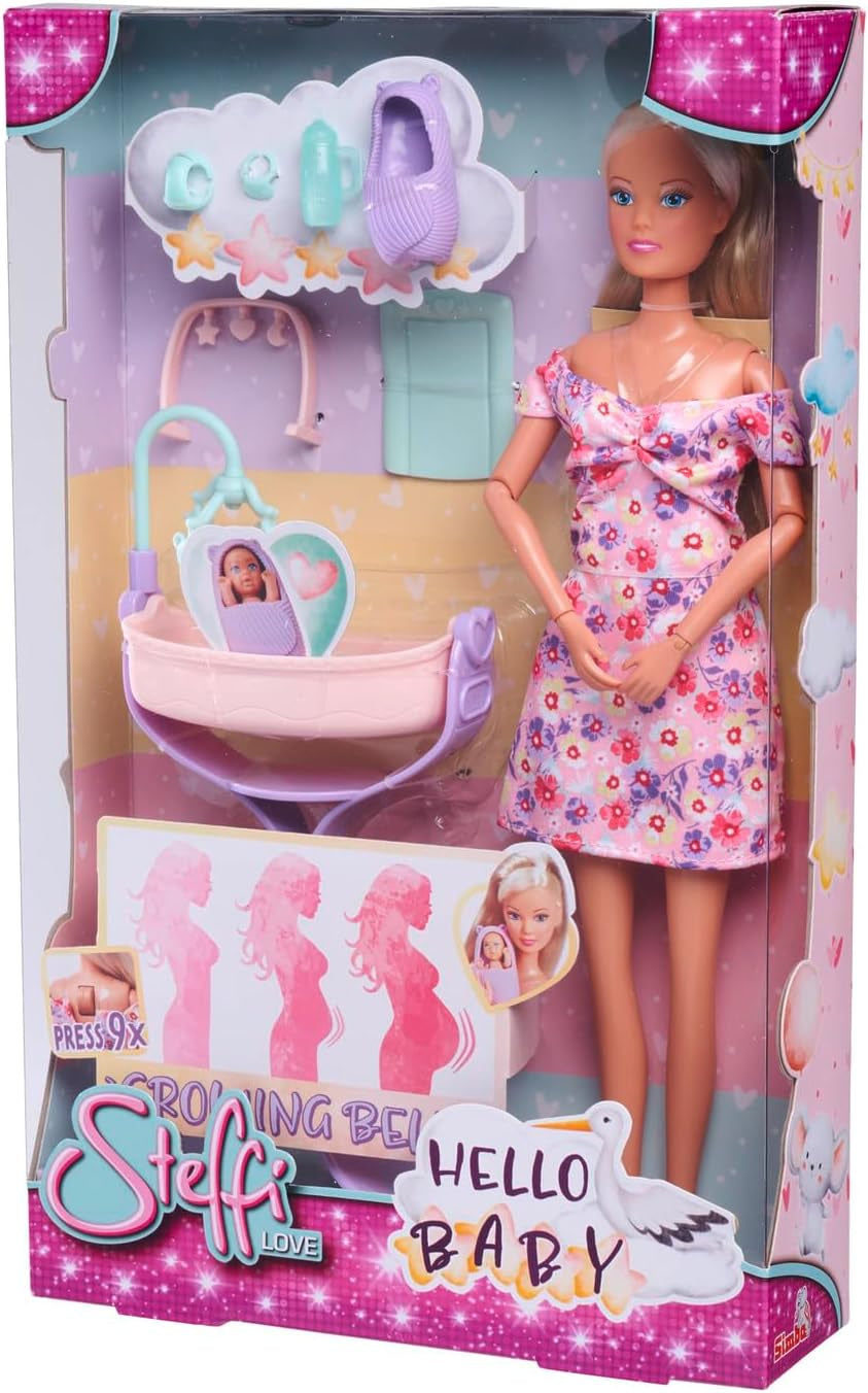 Simba 105733680 Steffi Love Doll Hello Baby (29 cm) - Poupée enceinte avec ventre qui grandit, poupée et accessoires - Jouet pour enfants, filles et garçons à partir de 3 ans