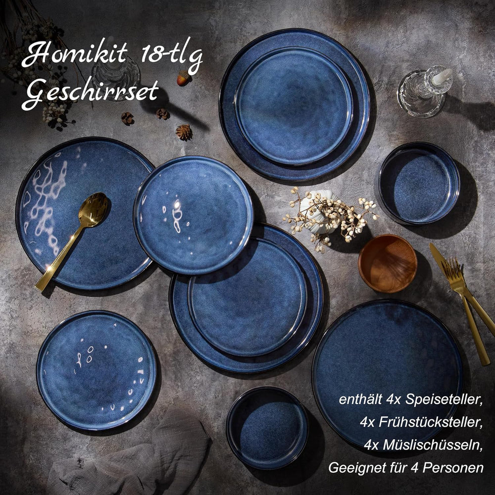 Homikit Service de table 12 pièces pour 4 personnes, service de table combiné avec assiettes, assiettes à dessert et bols à céréales, passe au micro-ondes et au lave-vaisselle, bleu élégant