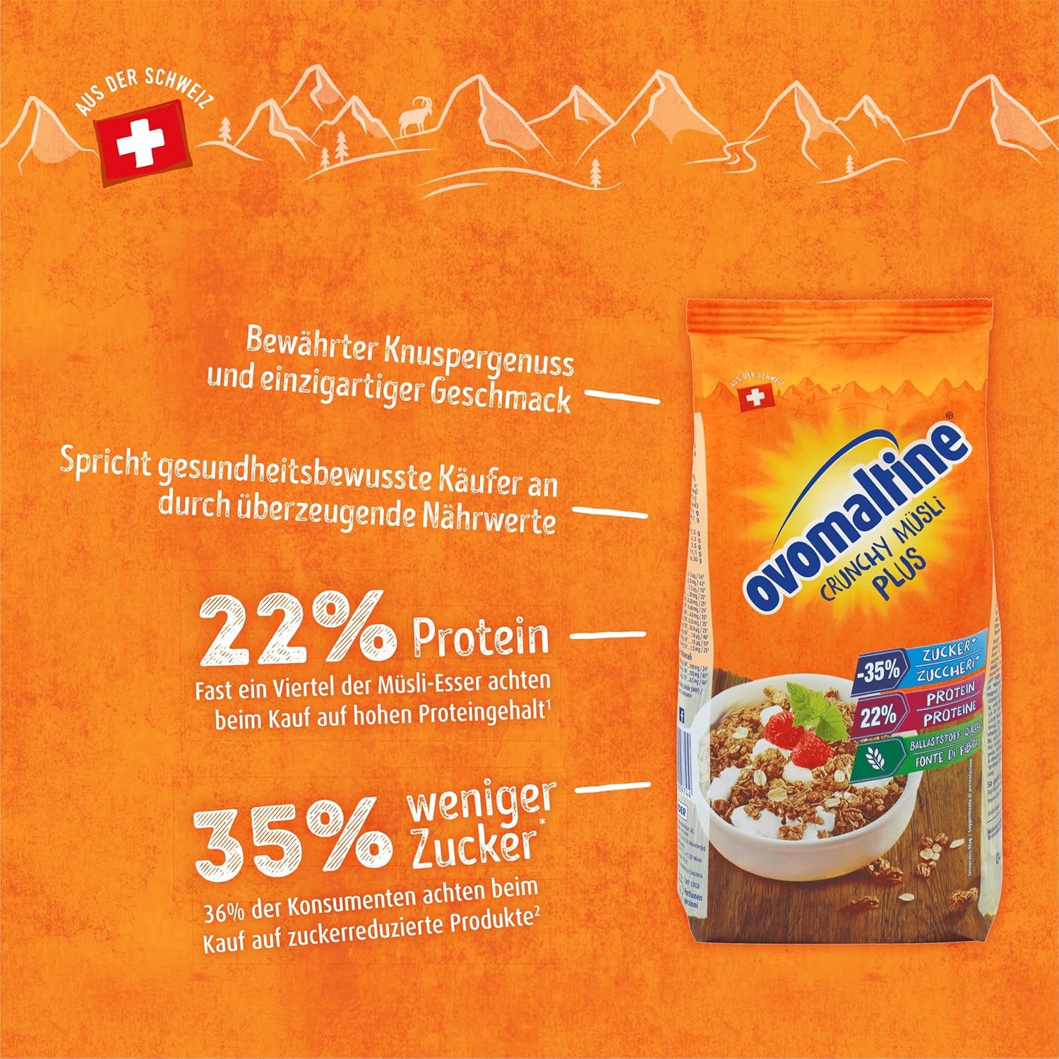 Ovomaltine Crunchy Protein Muesli Plus - Mélange de céréales croquantes aux flocons d'avoine, contenant 22% de protéines, avec un tiers de sucre en moins et un croquant incomparable (1 x 300g)