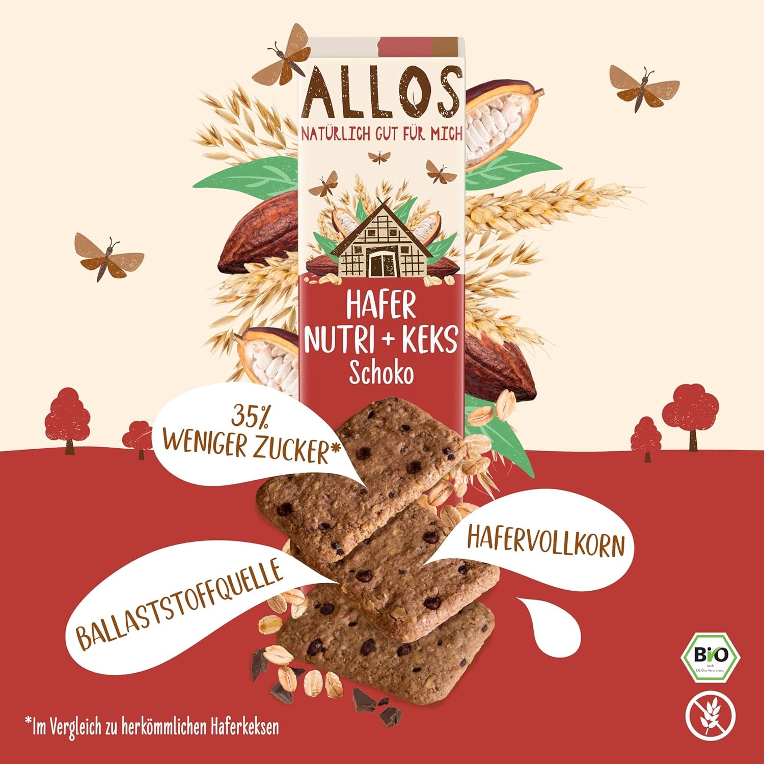 Biscuits à l'avoine et au chocolat bio Allos | Biscuit croquant au chocolat et à l'avoine entière | Sucrer au miel 6 x 130g