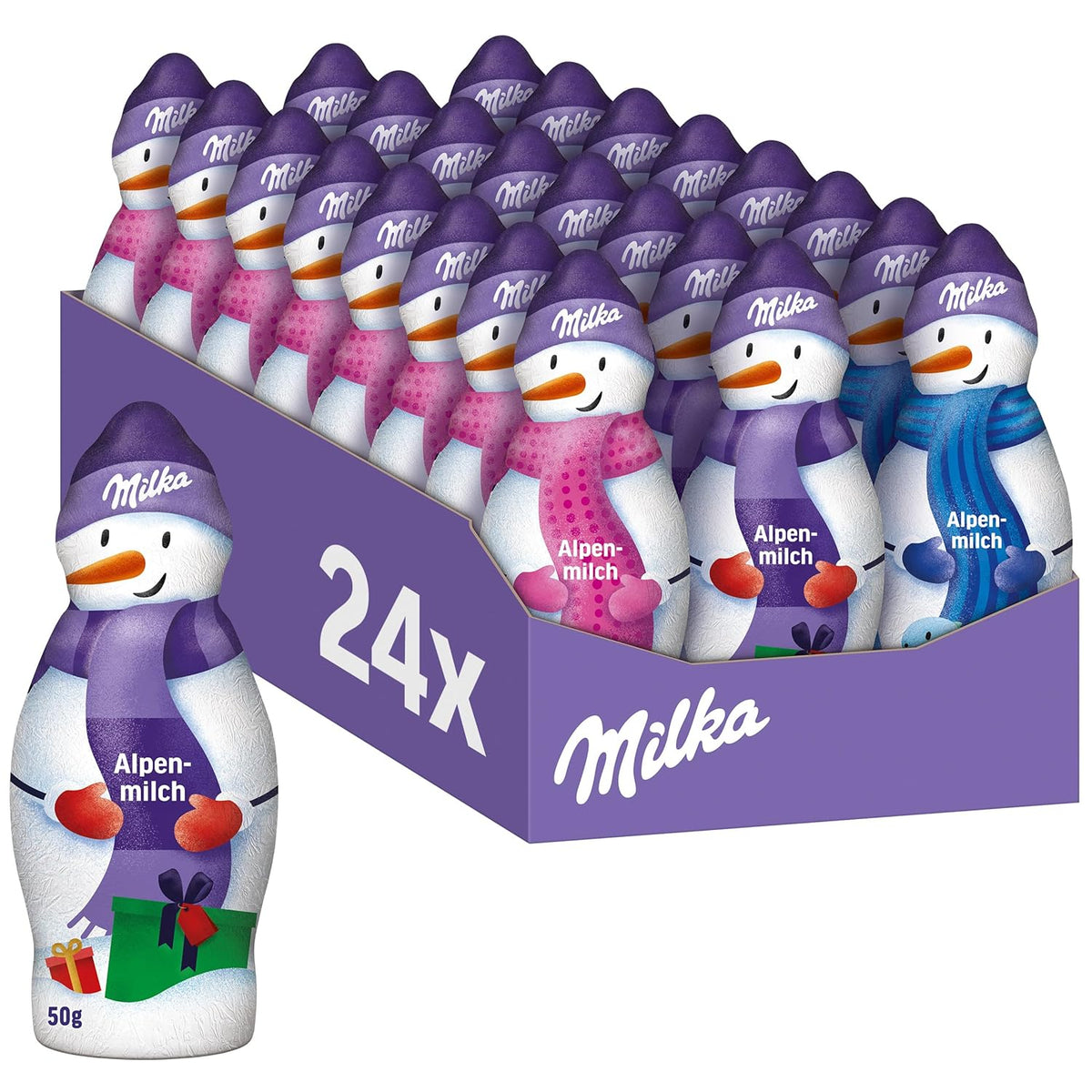 Milka Snowman Alpine Milk - Grand pack de bonhommes de neige en chocolat en 3 modèles - 24 x 50g