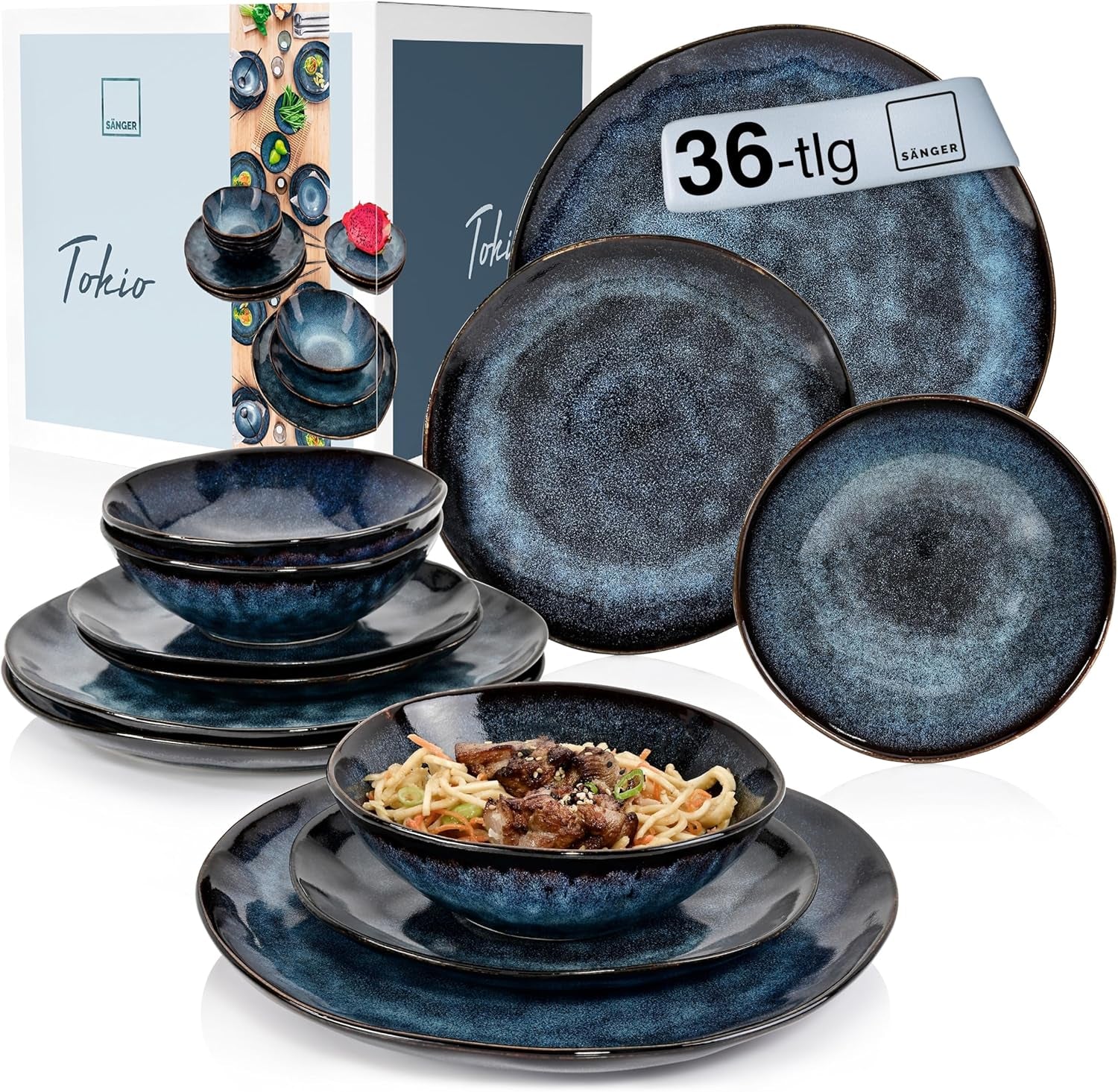 Sanger | Service de table Tokyo 36 pièces Service de table en porcelaine pour 12 personnes Vaisselle moderne faite à la main bleu foncé avec accents noirs | LA COLLECTION PREMIUM