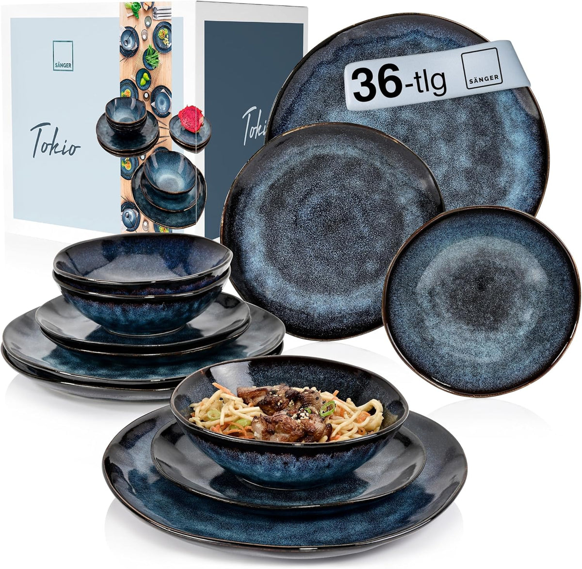 Sanger | Service de table Tokyo 36 pièces Service de table en porcelaine pour 12 personnes Vaisselle moderne faite à la main bleu foncé avec accents noirs | LA COLLECTION PREMIUM