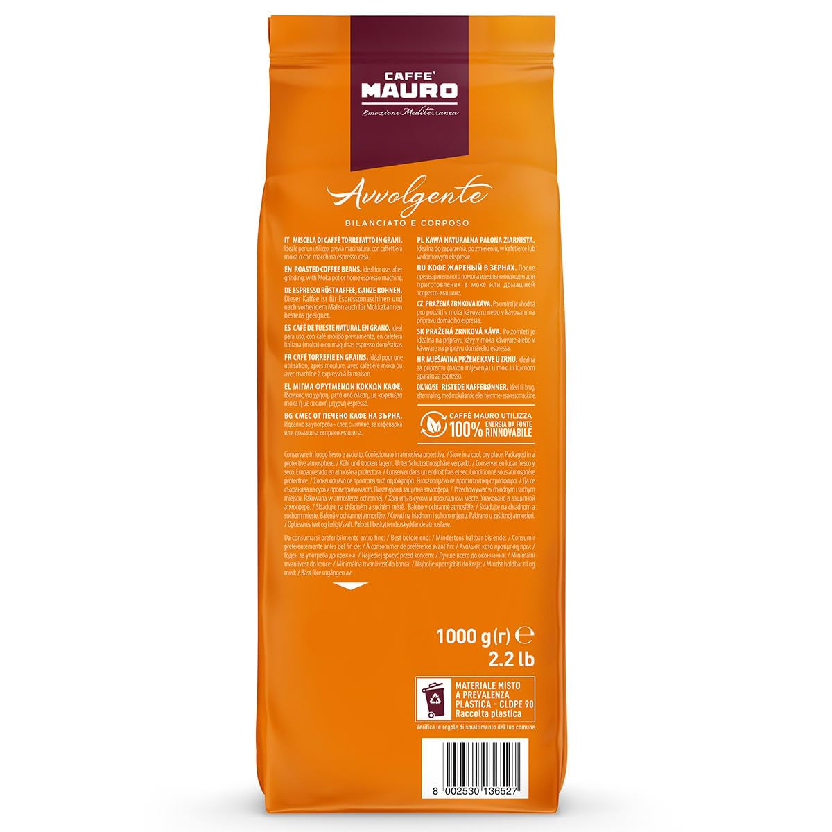 Caffè Mauro - Café en grains - 1 Kg - Mélange Avvolgente - Torréfaction moyenne - Intensité 8/10 - Fabriqué en Italie Coffee Naty Shop