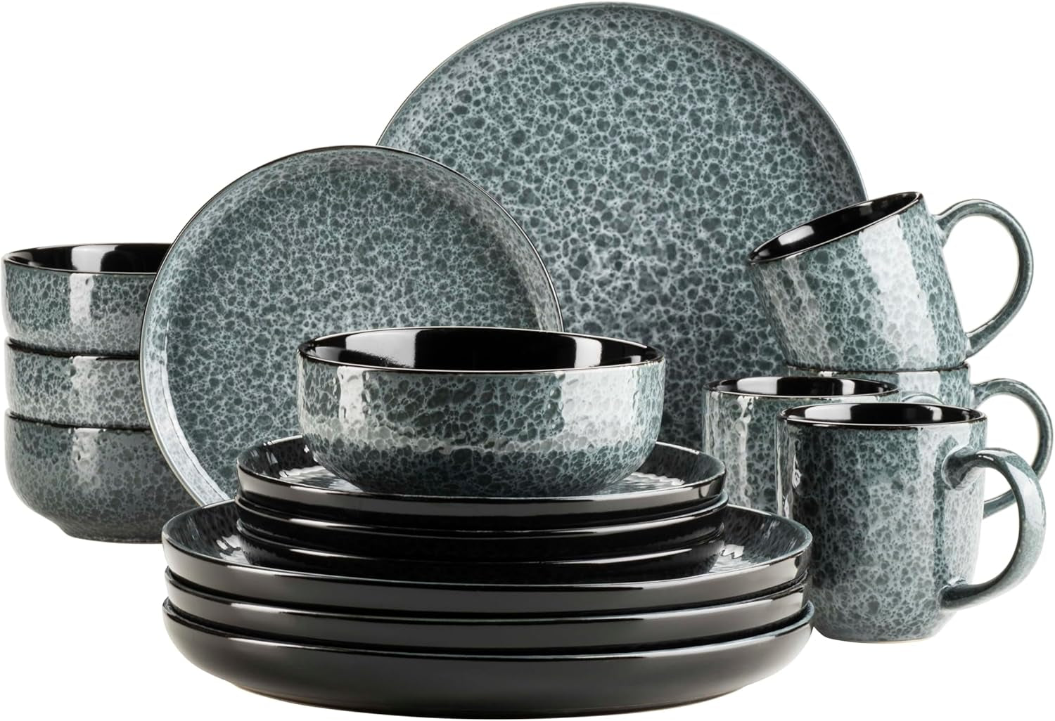 MÄSER 934110 Série Filippa, Service de table en céramique pour 4 personnes, Service de table combiné moderne avec 16 pièces ; Assiettes, bols et tasses à glaçage réactif vert et noir, Grès, Vert