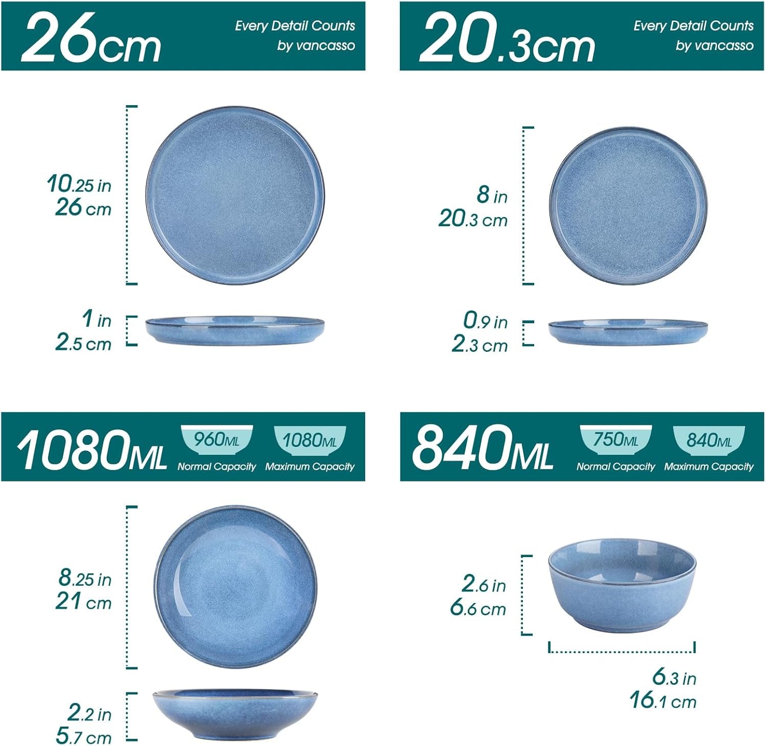 Ensemble de cuisine pour 6 personnes, vancasso ANYA Blau Teller Set Modern 24 teilig, Tafelservice mit Speiseteller, Suppenteller, Desserttellern, Schüsseln, Geschirr Set Spülmaschinen et Mikrowellenfest