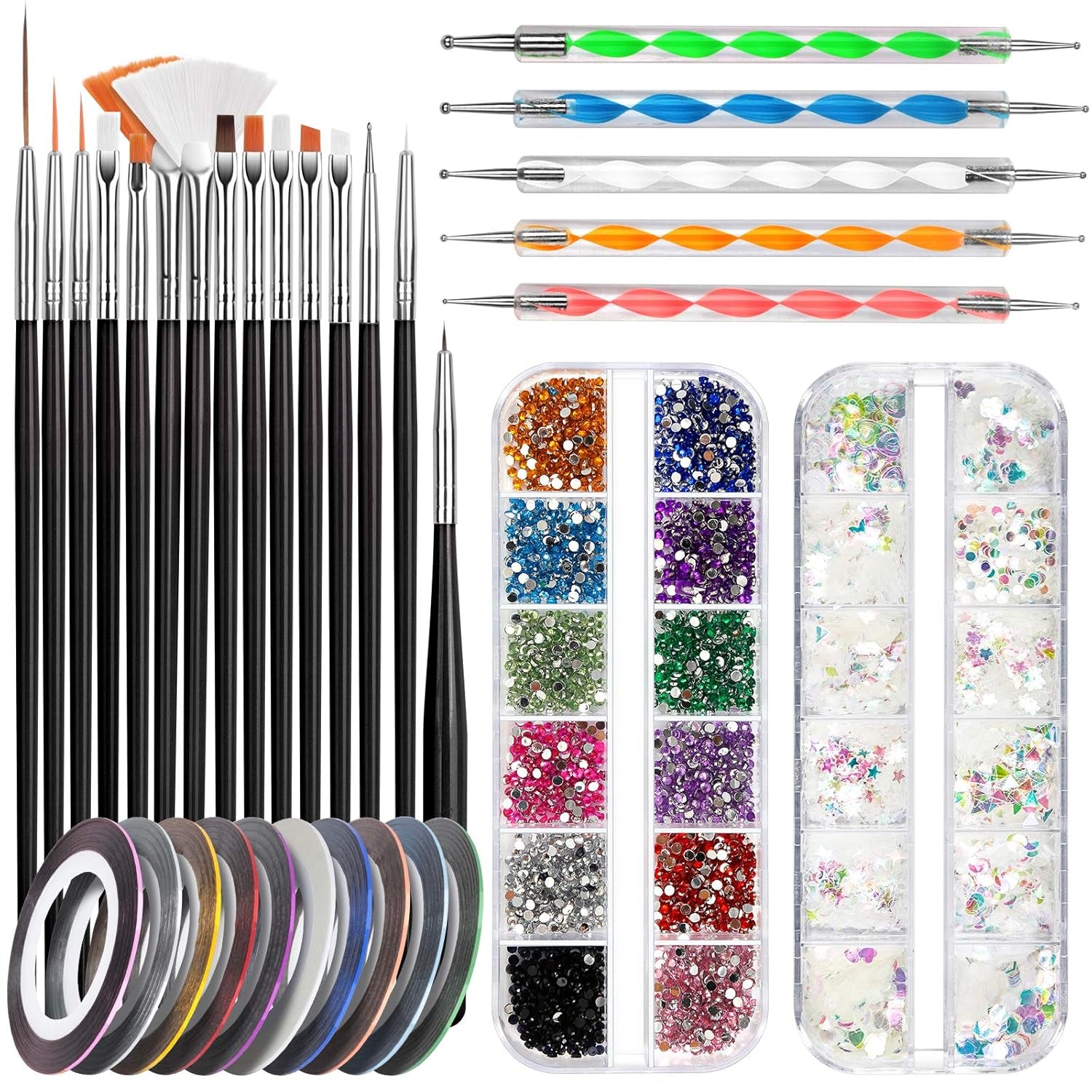 FANDAMEI Nail Art Brush Set, 15 pièces de pinceaux pour pinceaux à ongles en gel, 5 pièces de stylos à points, 10 rouleaux de pinceaux à bandes, des pinceaux à strass, des paillettes ultra fines pour vernis à ongles