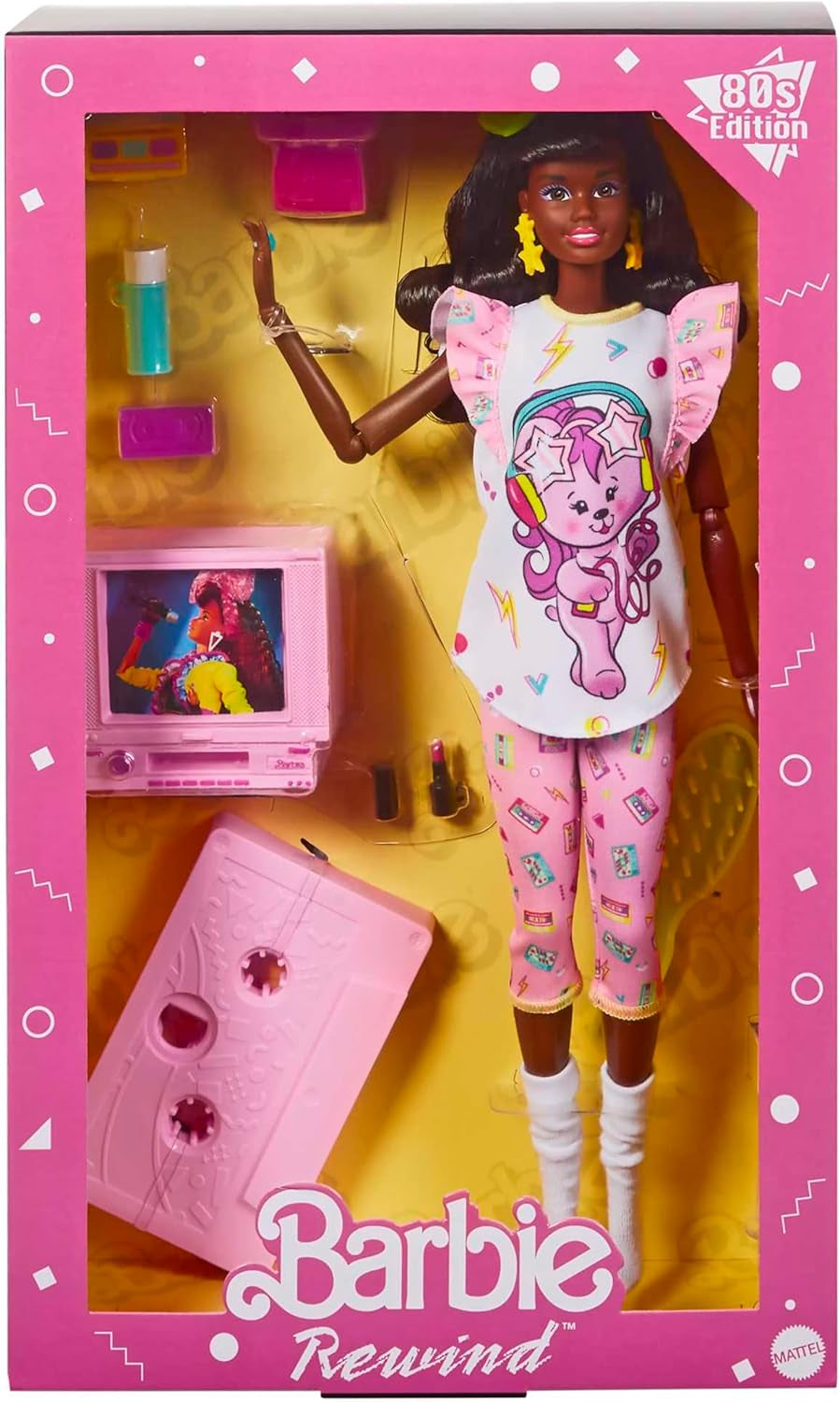 Barbie Rewind - Figurine de collection nostalgique des années 80 avec de magnifiques cheveux et tenues, comprend une télévision, du pop-corn et un téléphone, pour les fans et les collectionneurs, HJX19