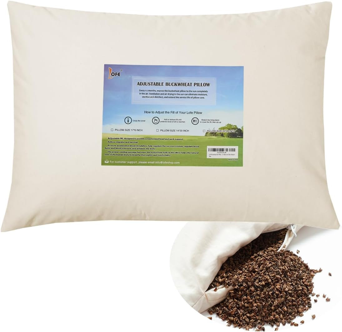 Oreiller de couchage en sarrasin biologique LOFE 35,6 x 50,8 cm Soutien cervical réglable et respirant pour dormir au frais pour les dormeurs sur le dos et sur le côté (coques de sarrasin tartare) Naty Shop Oreillers standard Couleur crème Taille japonaise (14 x 20 pouces)